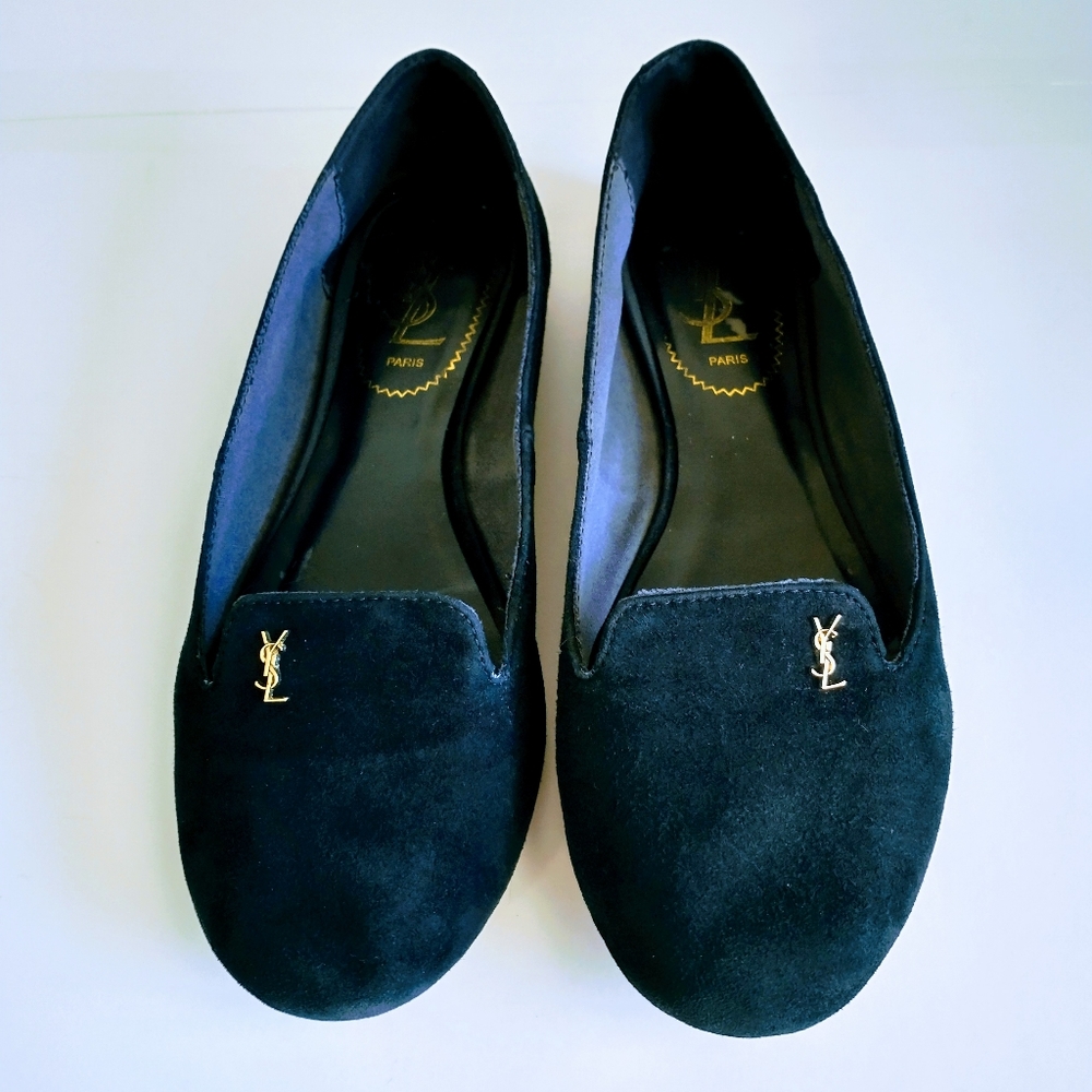 YSL Yves Saint Laurent Black Suede Shoes.(Size 37) Made in Italy. Gold-tone Logo - Picture 5 of 14